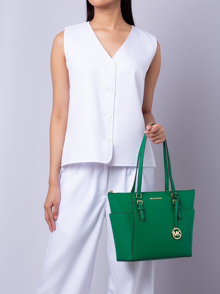 Michael Kors Charlotte Jet Set Travel Large Green Leather Tote Bag | Luxury Women's Shoulder Handbag