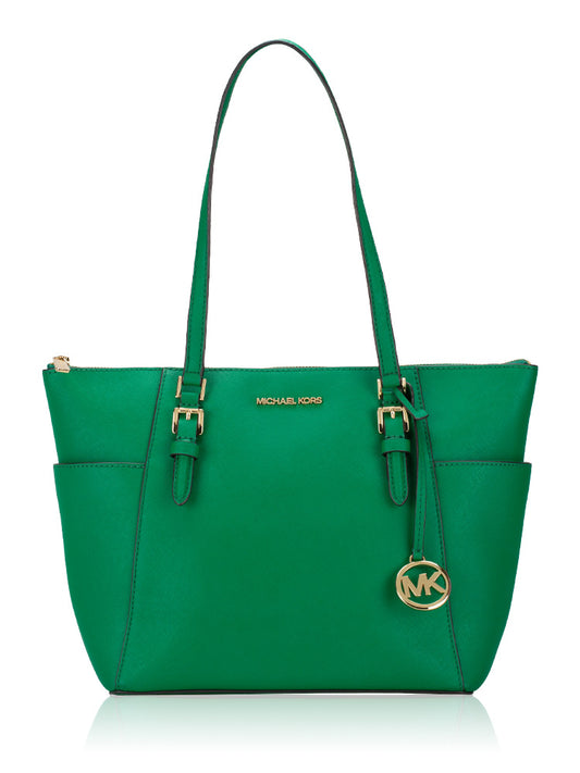 Michael Kors Charlotte Jet Set Travel Large Green Leather Tote Bag | Luxury Women's Shoulder Handbag
