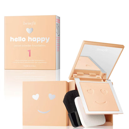 Benefit Hello Happy Velvet Powder Foundation – Dual-Coverage Mattifying Face Powder (7.0g)