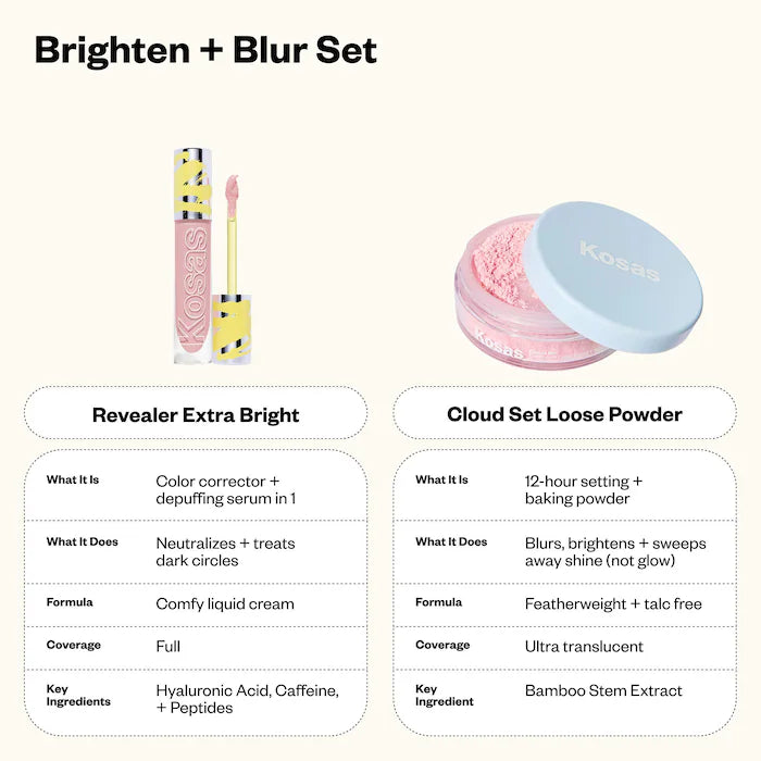 Kosas Brighten + Blur Set – Setting Powder & Wet Lip Oil Makeup Set