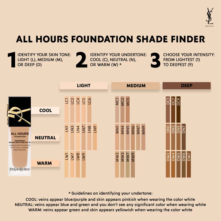 YSL All Hours Foundation SPF 39 PA+++ 25ml LW1 – Full Coverage Luminous Matte