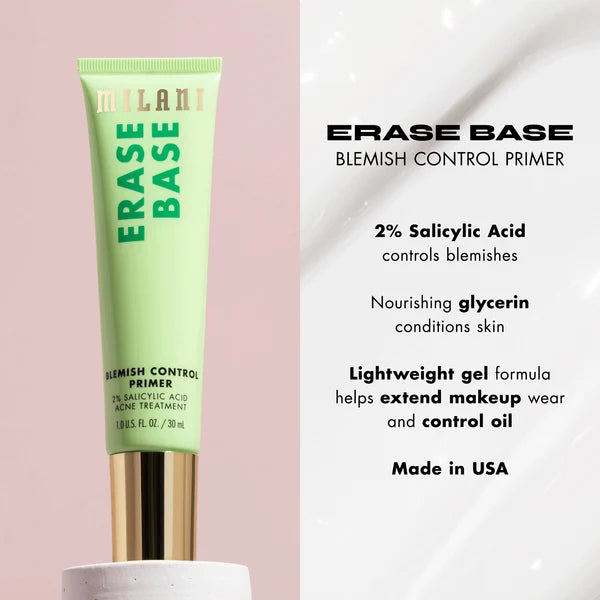 Milani Erase Base Blemish Control Primer - 2% Salicylic Acid Acne Treatment (1 Fl Oz / 30ml)
