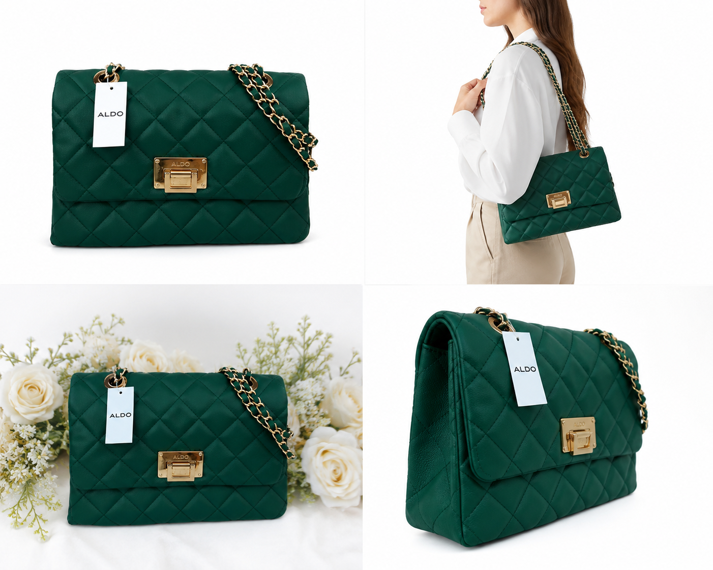 ALDO Green Quilted Chain Shoulder Bag | Luxury Women's Designer Handbag