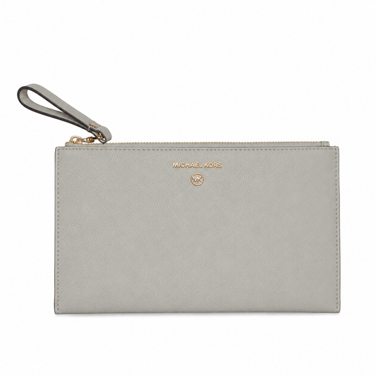 Michael Kors Light Grey Pebbled Leather Wristlet Wallet for Women | Premium Designer Zip Around Wallet