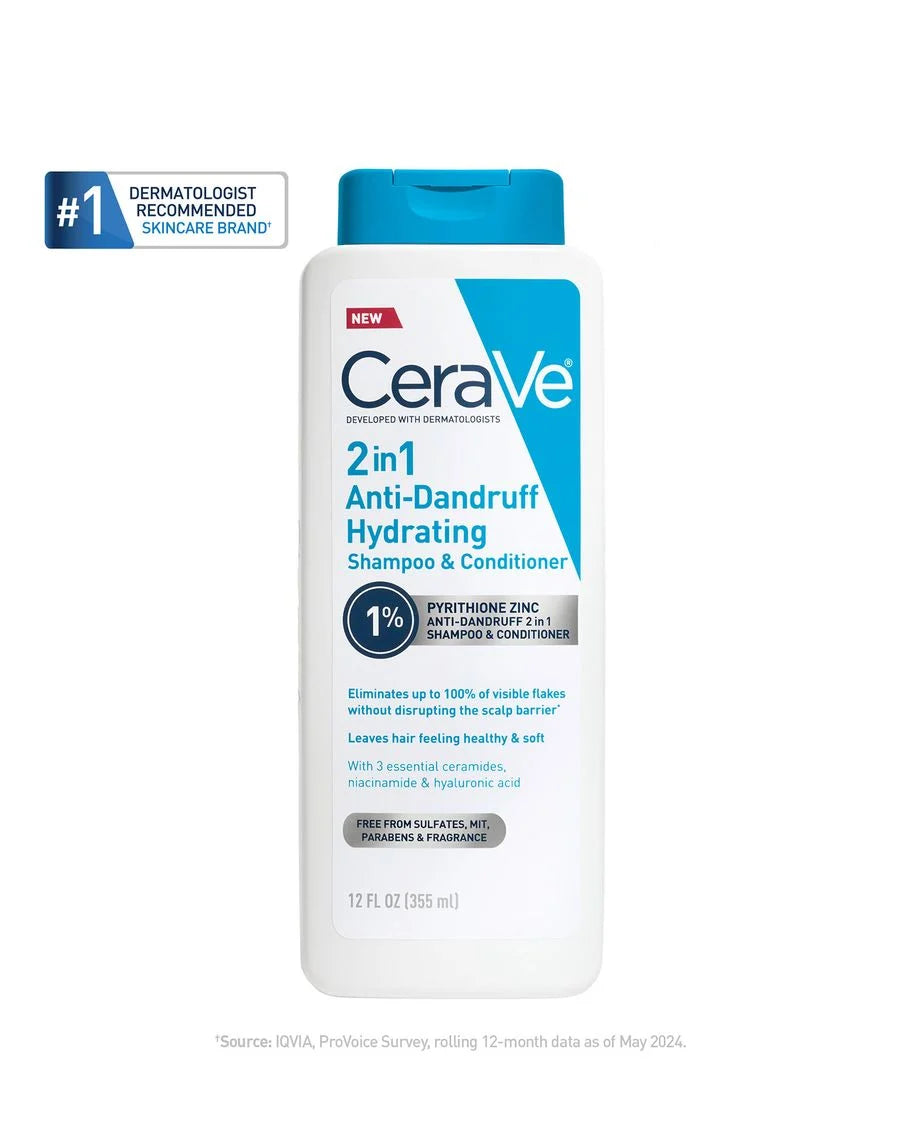 CeraVe 2-in-1 Anti-Dandruff Hydrating Shampoo & Conditioner 355ml | 1% Pyrithione Zinc for Flake-Free Scalp
