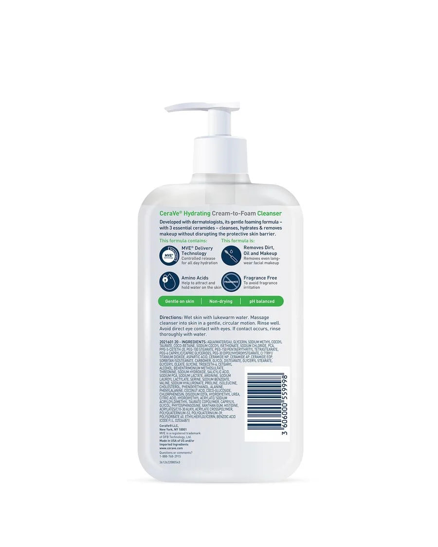 CeraVe Hydrating Cream-to-Foam Cleanser 355ml | Makeup Removing Face Wash for Normal to Dry Skin